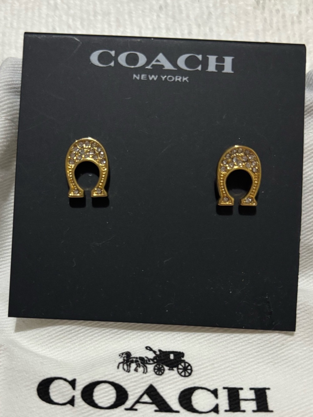 NWT COACH Gold Horseshoe Crystal Stud Earrings